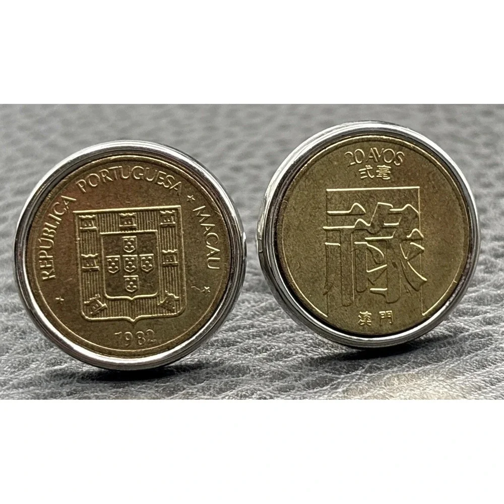 VTG Portuguese Macau 20 Anos 1982 Asian Coin Cufflinks Brass Tone Silver Tone